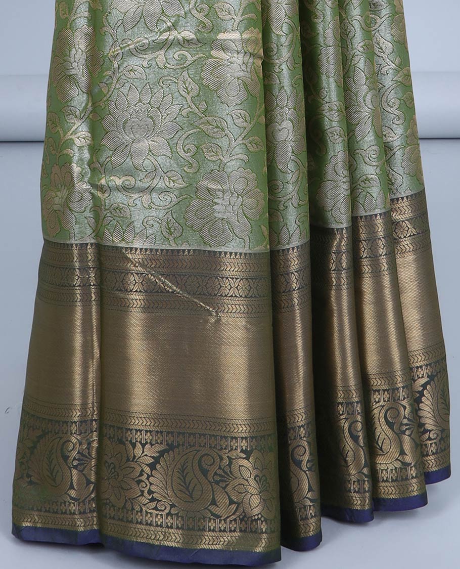 Green floral jacquard semi banaras tissue saree, contrast traditional design border & pallu of leaf designs