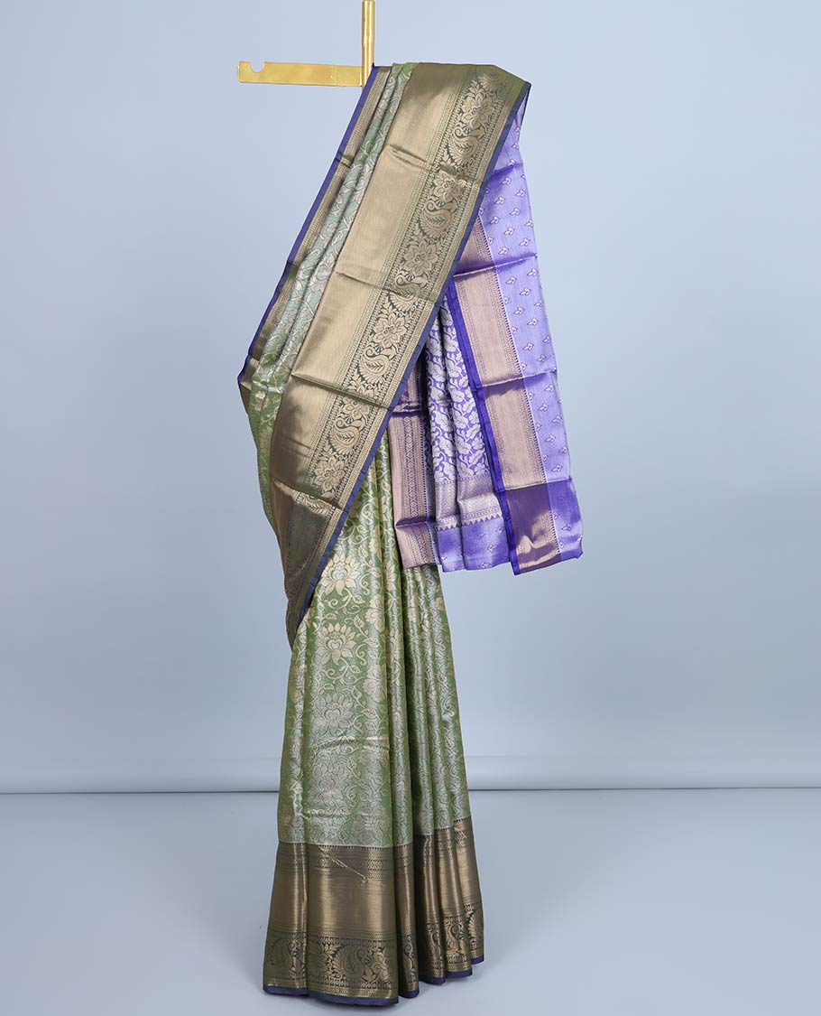 Green floral jacquard semi banaras tissue saree, contrast traditional design border & pallu of leaf designs