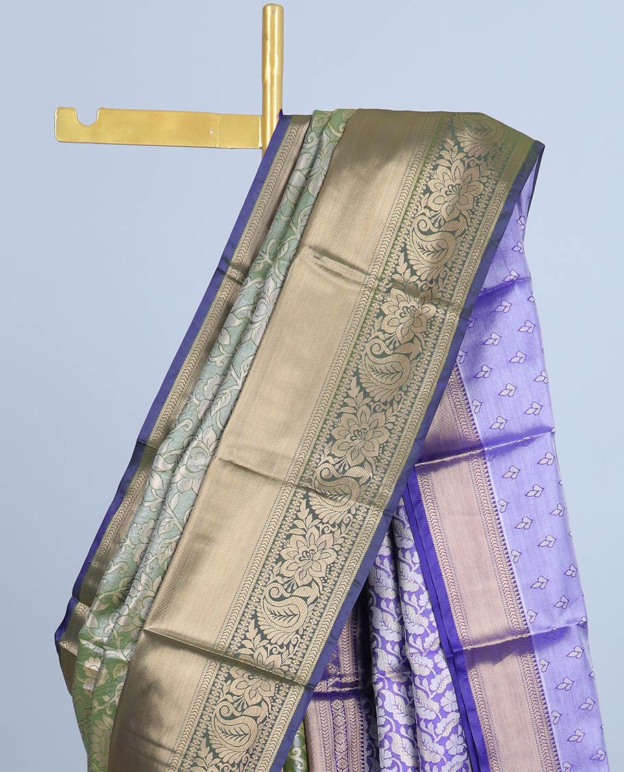 Green floral jacquard semi banaras tissue saree, contrast traditional design border & pallu of leaf designs