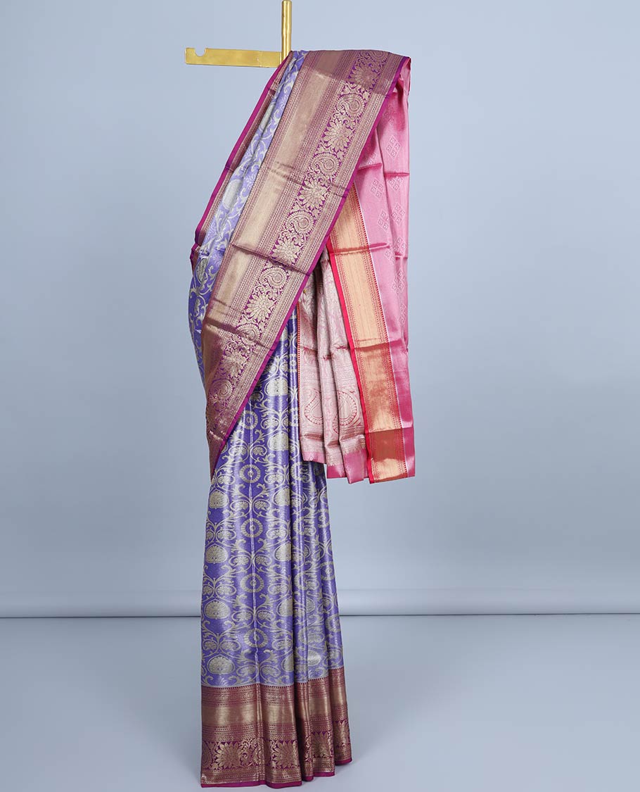 Blue jacquard semi banaras tissue saree, contrast traditional design border & pallu of intricate designs