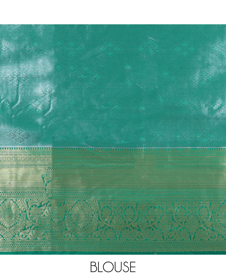 Green floral jacquard semi banaras tissue saree, contrast traditional design border & pallu of floral designs