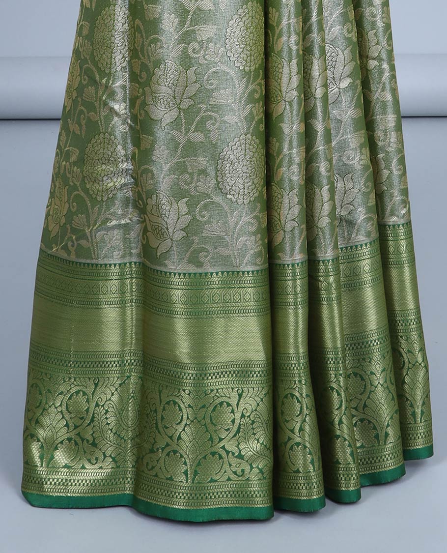 Green floral jacquard semi banaras tissue saree, contrast traditional design border & pallu of floral designs