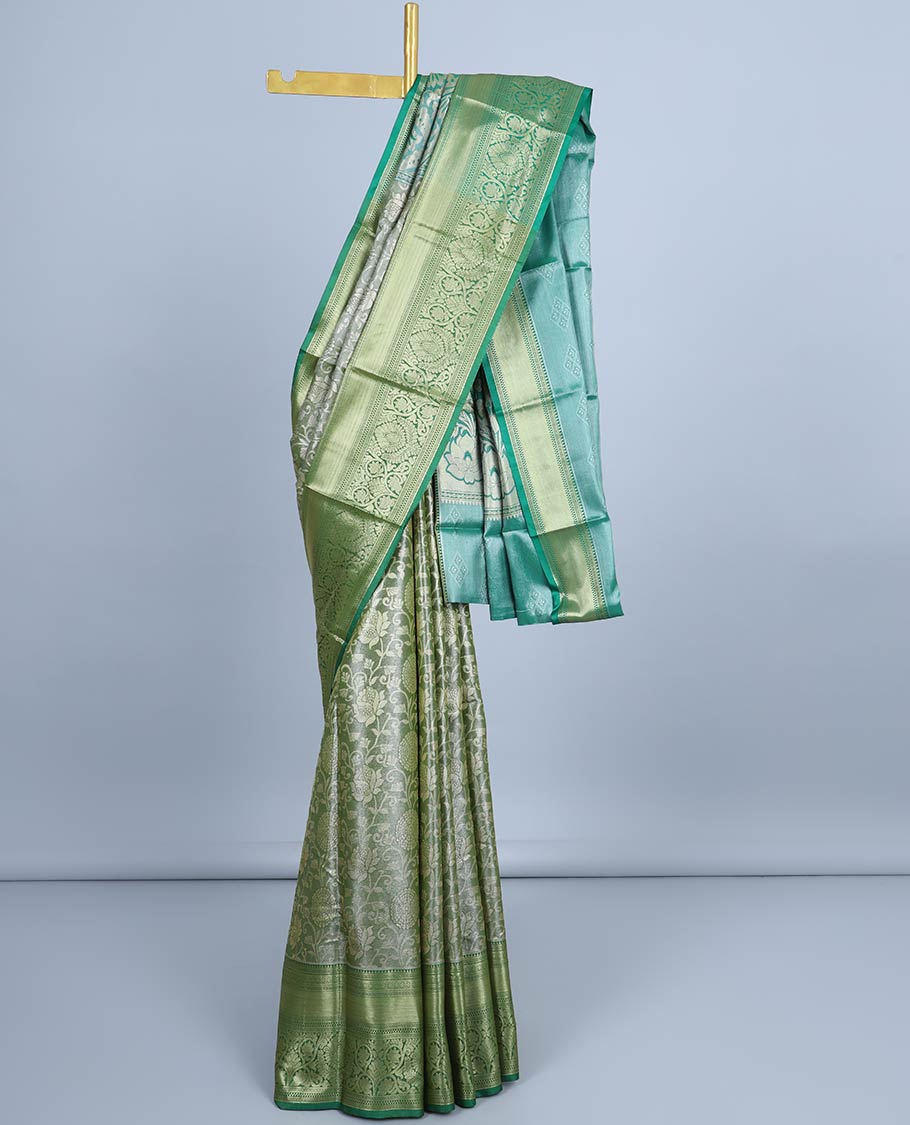 Green floral jacquard semi banaras tissue saree, contrast traditional design border & pallu of floral designs