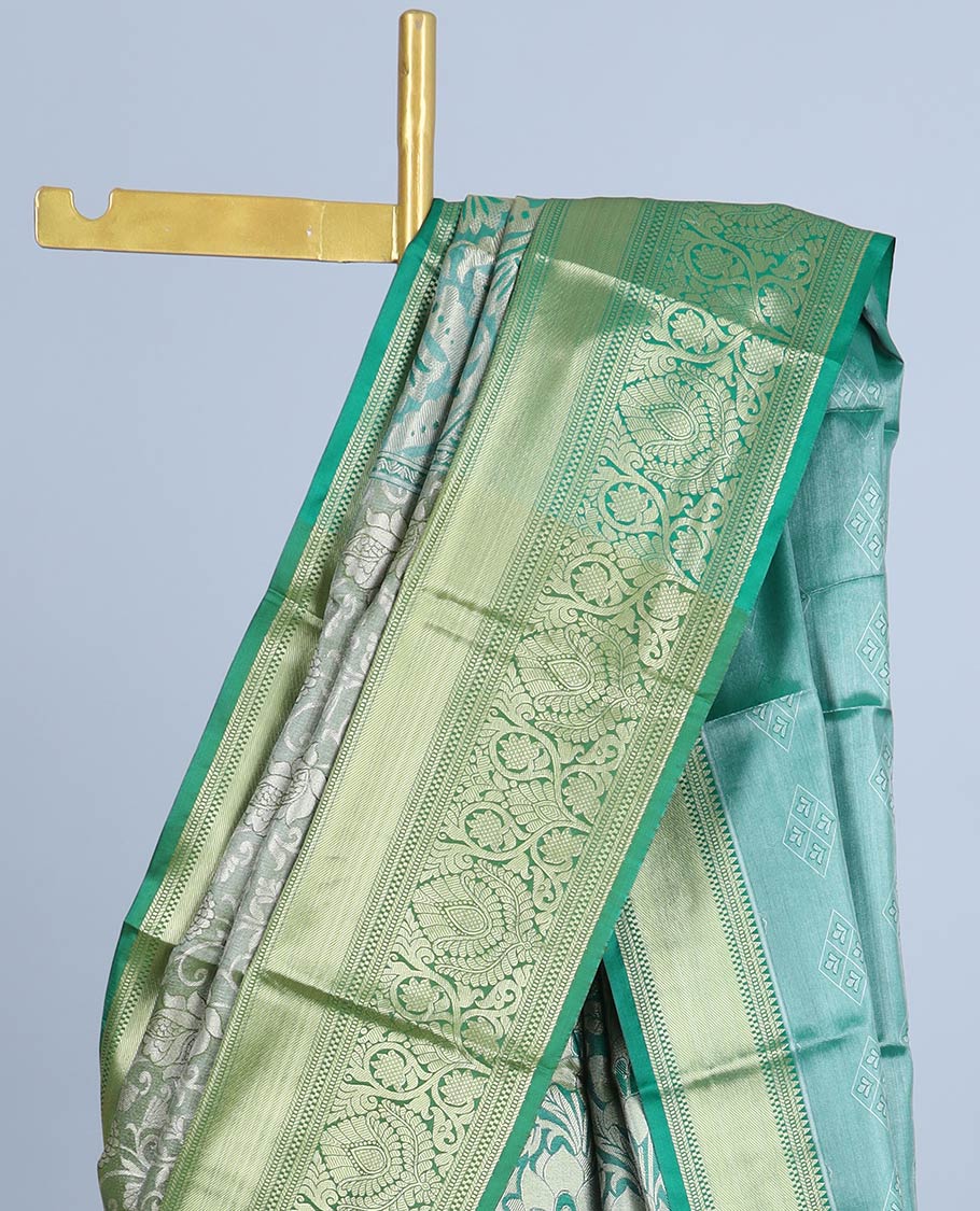 Green floral jacquard semi banaras tissue saree, contrast traditional design border & pallu of floral designs