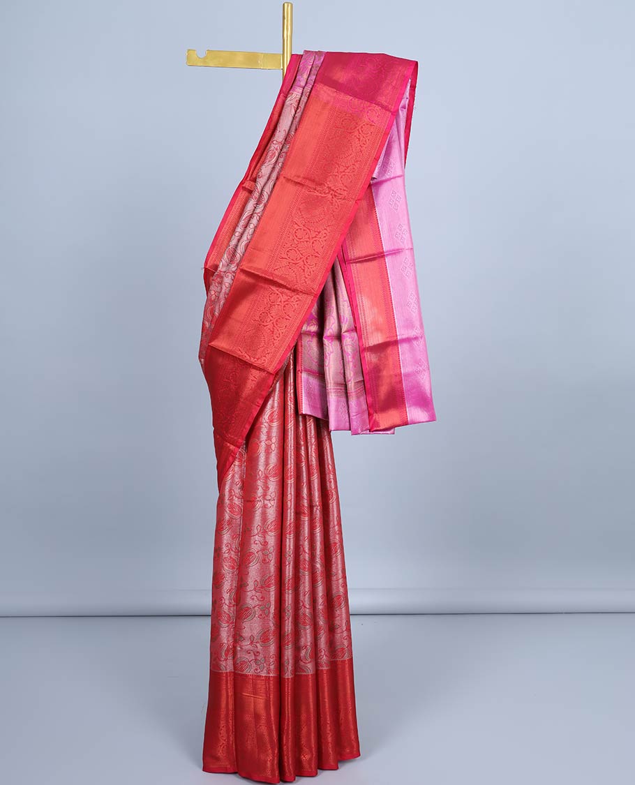 Red floral design semi banaras tissue saree, contrast traditional design border & pallu of floral designs