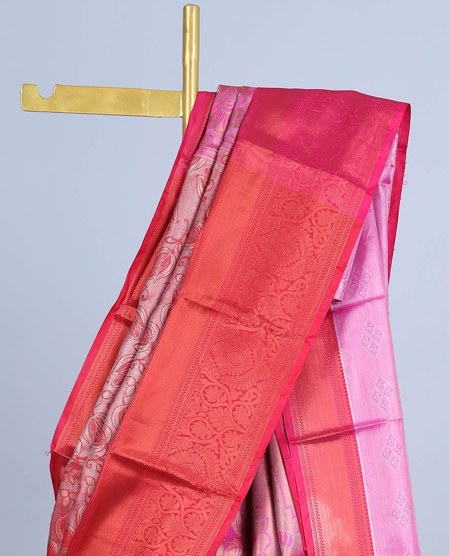 Red floral design semi banaras tissue saree, contrast traditional design border & pallu of floral designs
