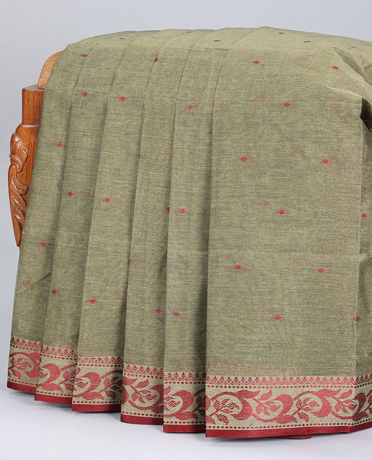 Green bengal cotton with buttas, floral design border & pallu of stripes