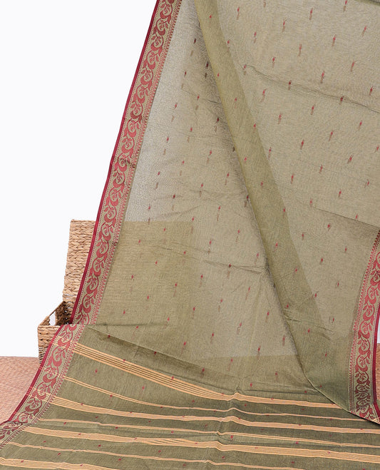 Green bengal cotton with buttas, floral design border & pallu of stripes