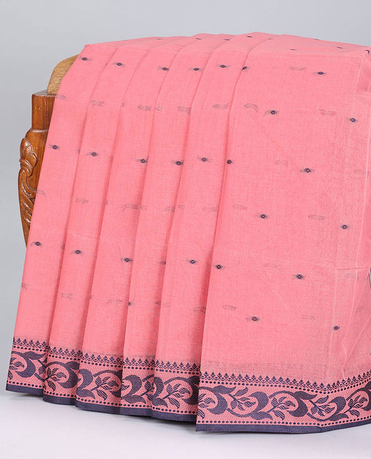 Pink bengal cotton with buttas, floral design border & pallu of stripes
