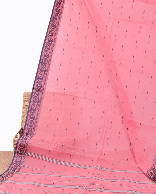 Pink bengal cotton with buttas, floral design border & pallu of stripes