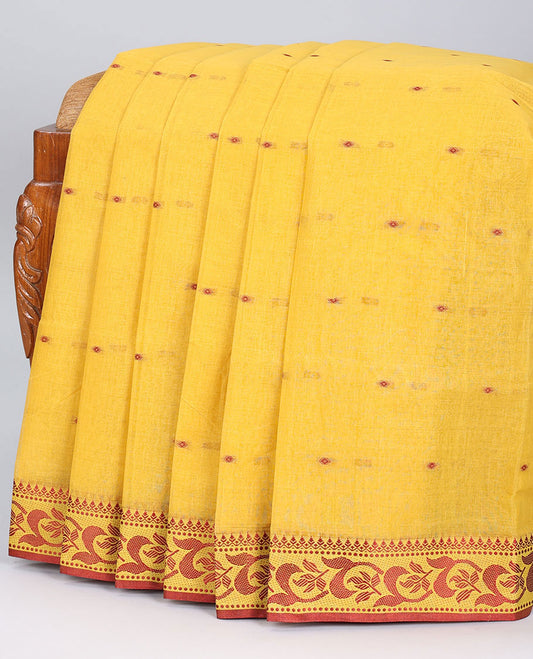 Orange bengal cotton with buttas, floral design border & pallu of stripes