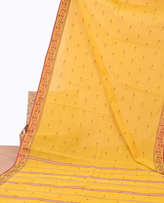 Orange bengal cotton with buttas, floral design border & pallu of stripes