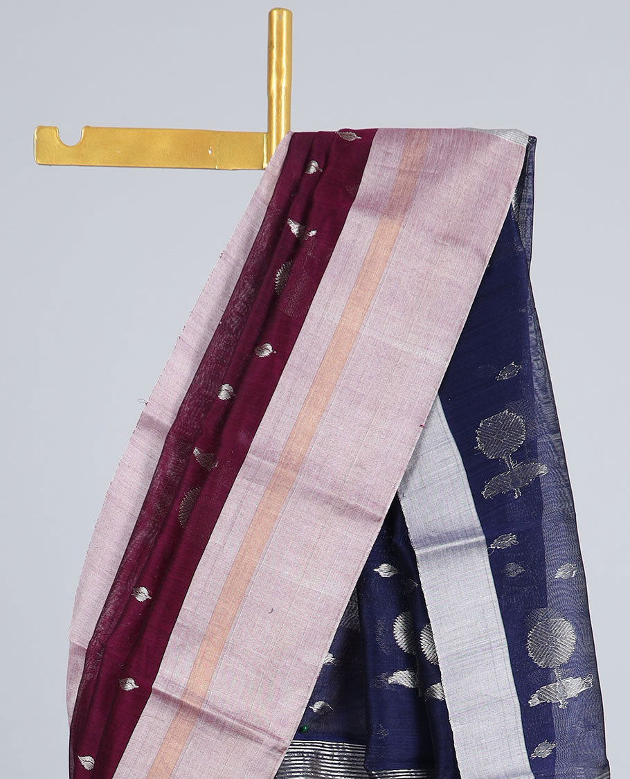 Maroon Chanderi cotton with buttas, plain border & contrast pallu of floral buttas