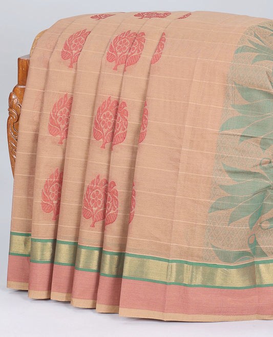 Sandal striped kanchi cotton saree with buttas, contrast plain border & pallu of floral designs