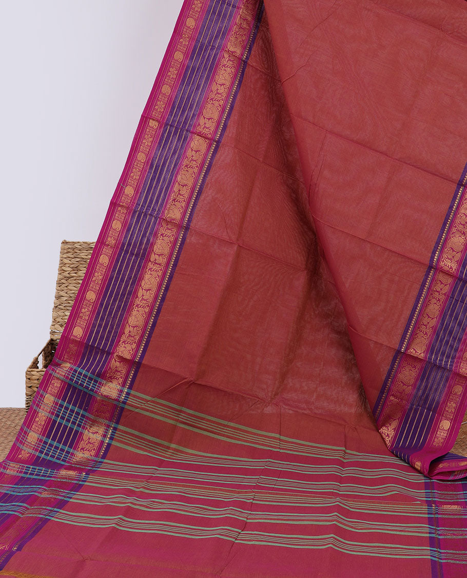 Maroon plain Chettinad cotton saree, contrast traditional design border & pallu of stripes