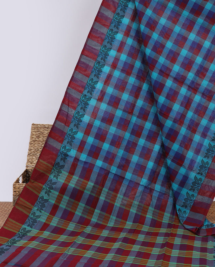 Multi-color checked Chettinad cotton saree, self-border of floral designs & pallu of stripes
