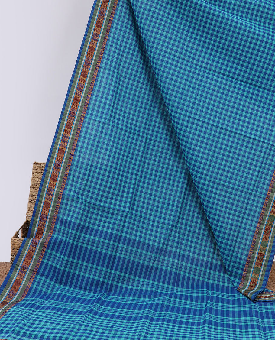 Blue micro-checked Chettinad cotton saree, traditional design border & pallu of stripes