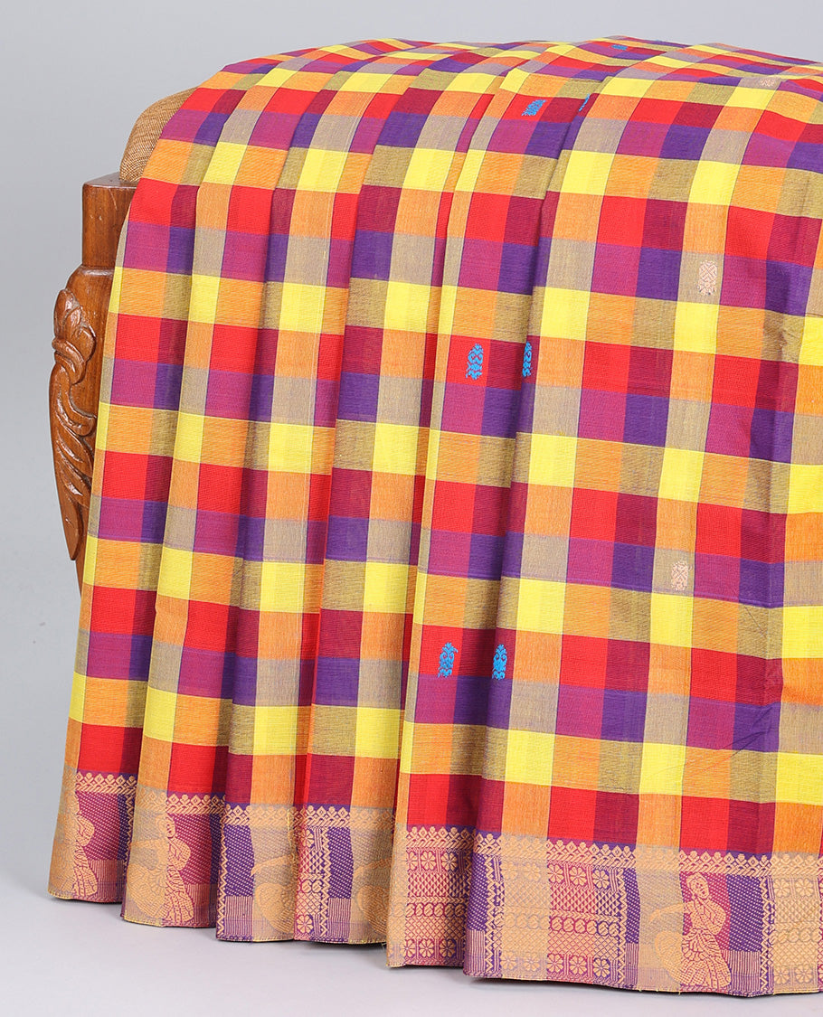 Multi-color checked Chettinad cotton saree with all-over buttas, traditional border & pallu of stripes