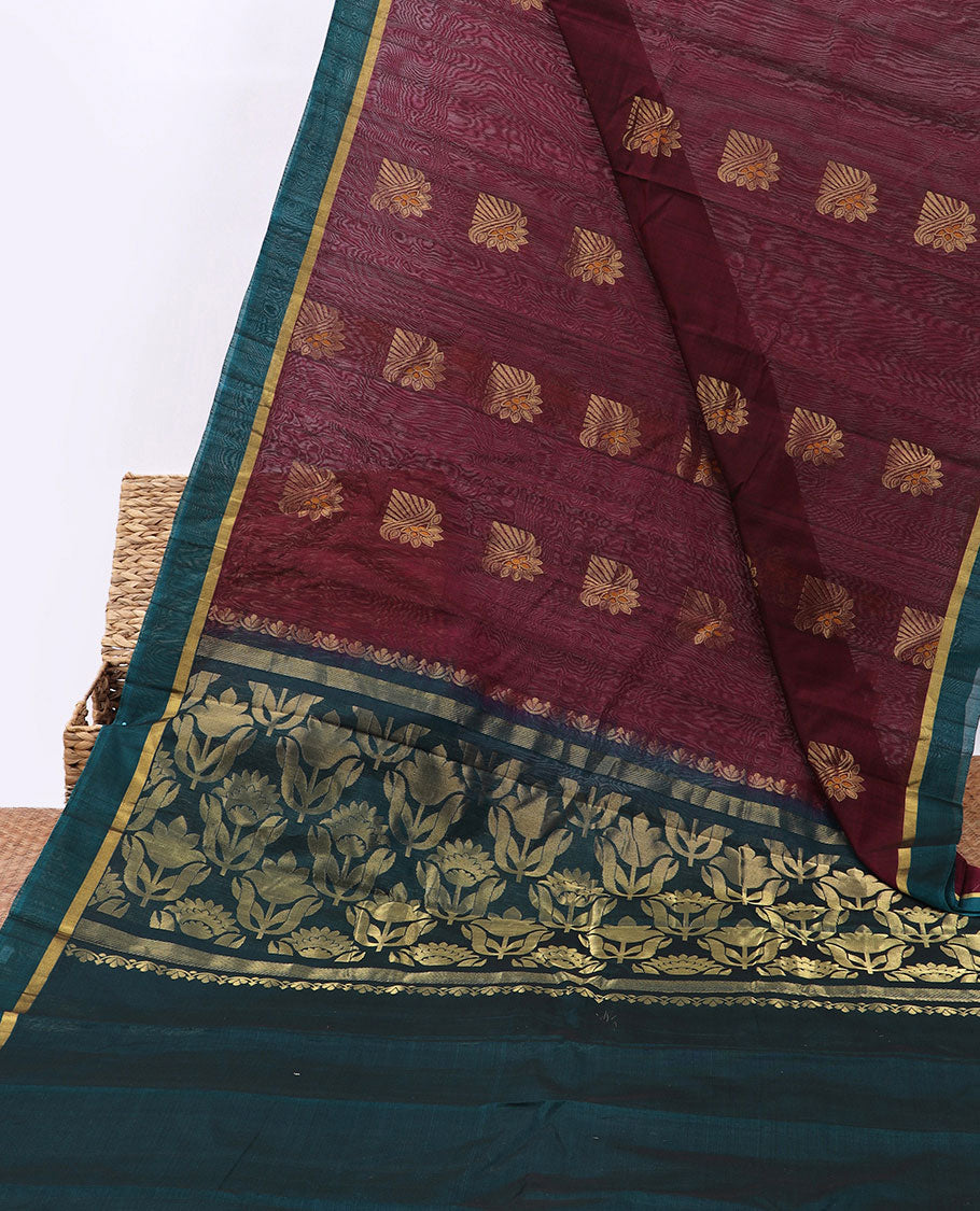 Maroon silk cotton saree with zari buttas, contrast plain border & pallu of floral zari designs