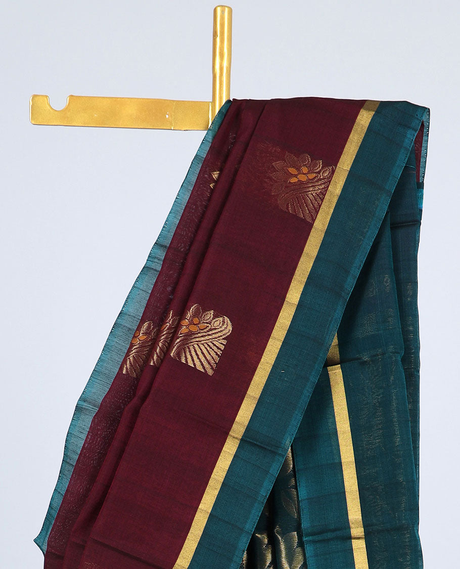 Maroon silk cotton saree with zari buttas, contrast plain border & pallu of floral zari designs