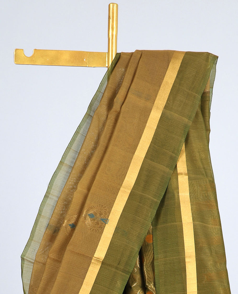 Green silk cotton saree with zari buttas, contrast plain border & pallu of paisley zari designs