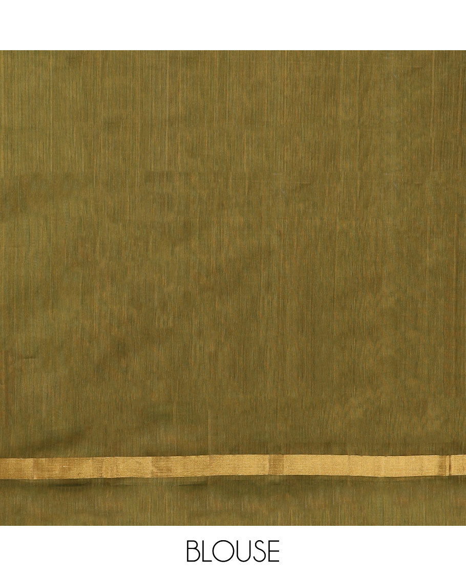 Green silk cotton saree with zari buttas, contrast plain border & pallu of paisley zari designs