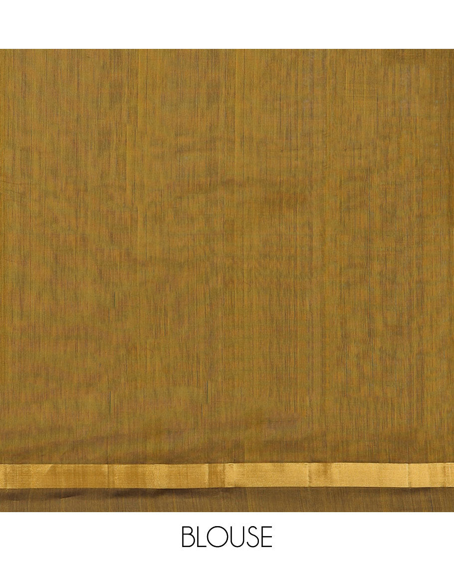 Yellow silk cotton saree with zari buttas, contrast plain border & pallu of zig-zag stripes, triangle & chevron stripes