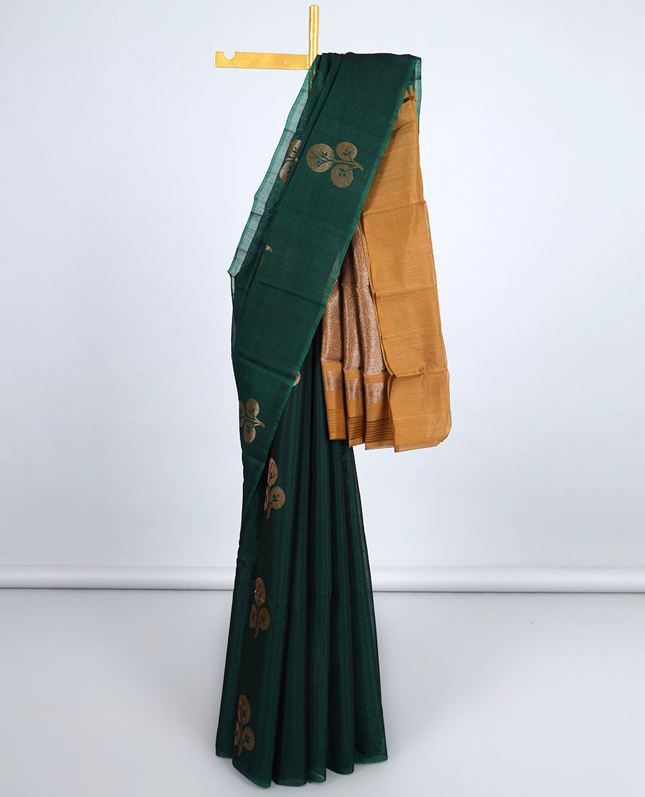 Borderless green silk cotton saree with floral buttas, contrast pallu of geometric designs