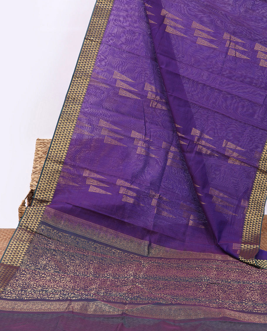 Violet silk cotton saree with triangle buttas, contrast triangle border & pallu of intricate designs 