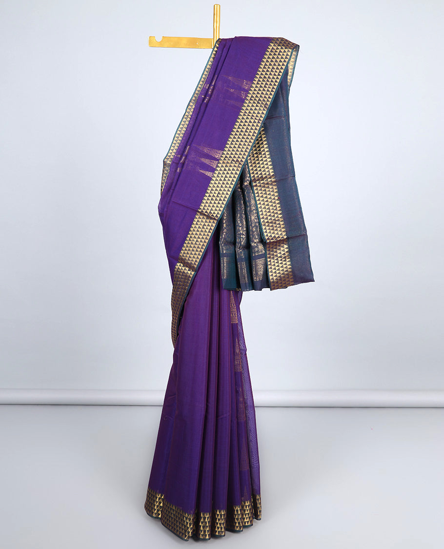 Violet silk cotton saree with triangle buttas, contrast triangle border & pallu of intricate designs 