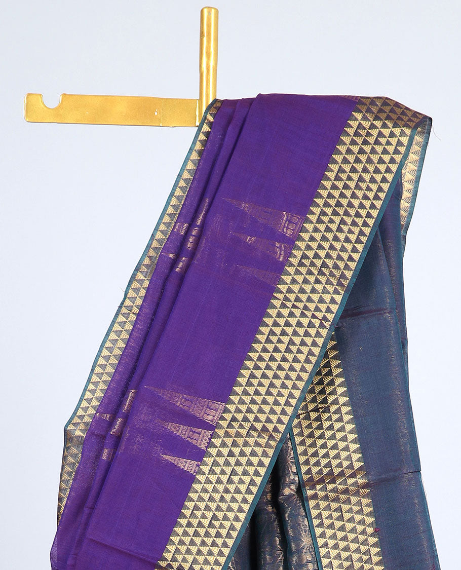 Violet silk cotton saree with triangle buttas, contrast triangle border & pallu of intricate designs 
