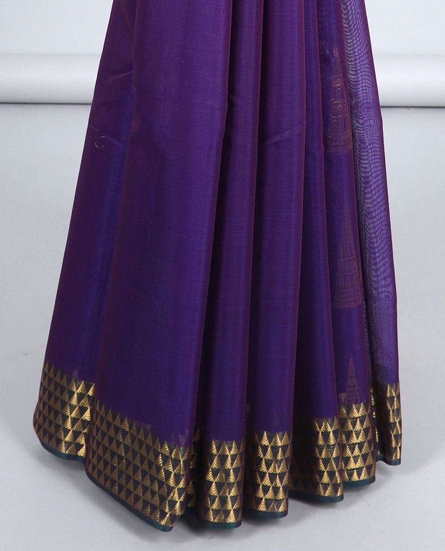 Violet silk cotton saree with triangle buttas, contrast triangle border & pallu of intricate designs 