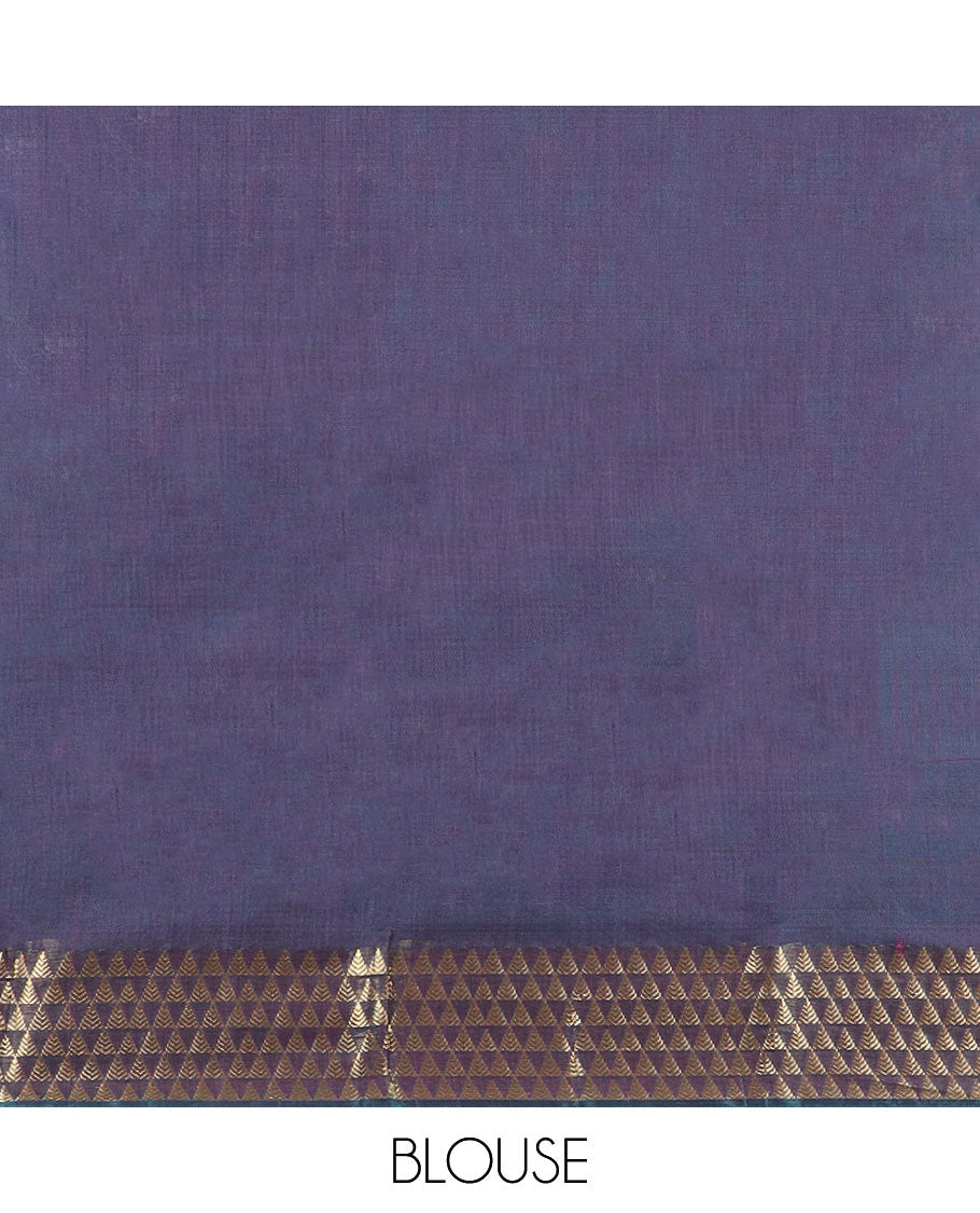 Violet silk cotton saree with triangle buttas, contrast triangle border & pallu of intricate designs 
