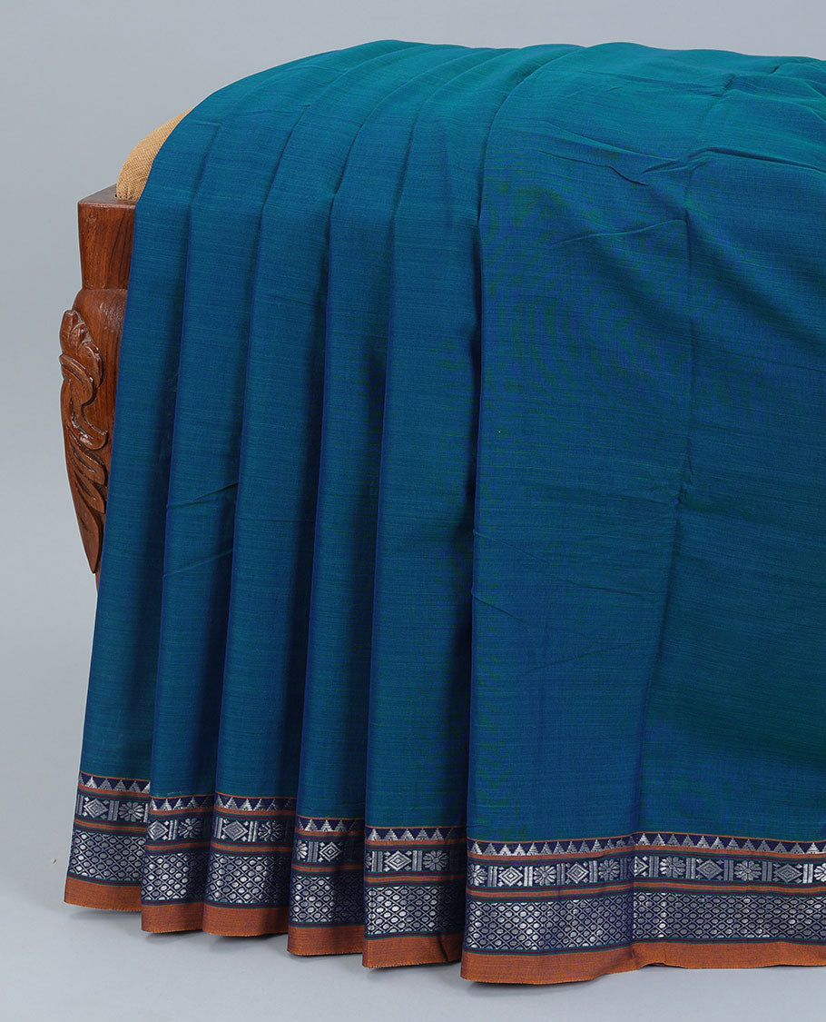 Blue plain design narayanapet cotton saree, contrast traditional design border & pallu of stripes