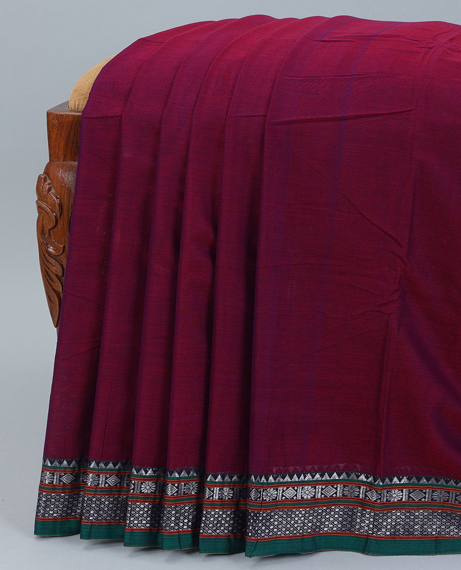 Purple plain design narayanapet cotton saree, contrast traditional design border & pallu of stripes