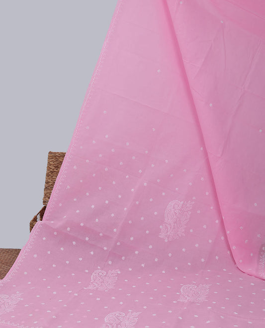 Pink flower embroidery lucknowi chikankari cotton saree ,self-border & pallu of floral & paisley embroidery