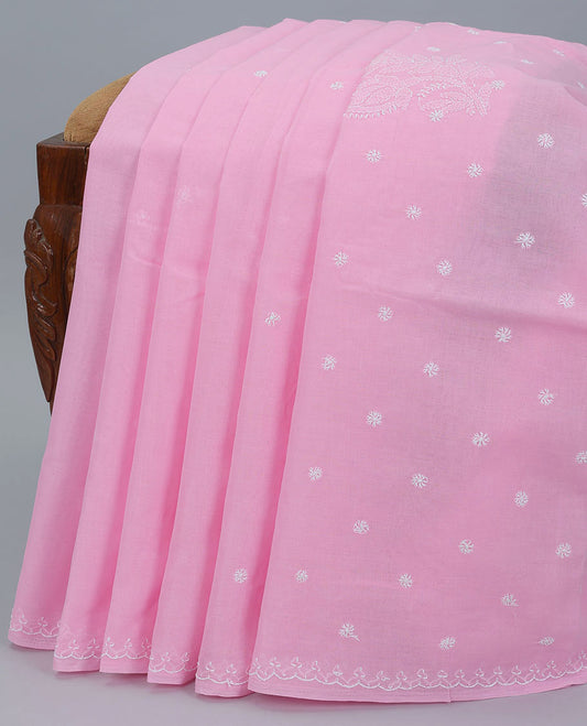 Pink flower embroidery lucknowi chikankari cotton saree ,self-border & pallu of floral & paisley embroidery