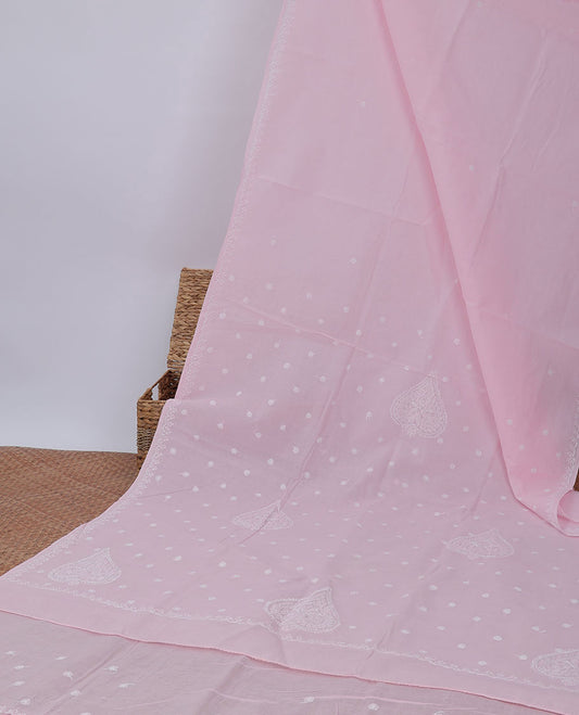 Baby pink flower embroidery lucknowi chikankari cotton saree,self-border & pallu of floral embroidery