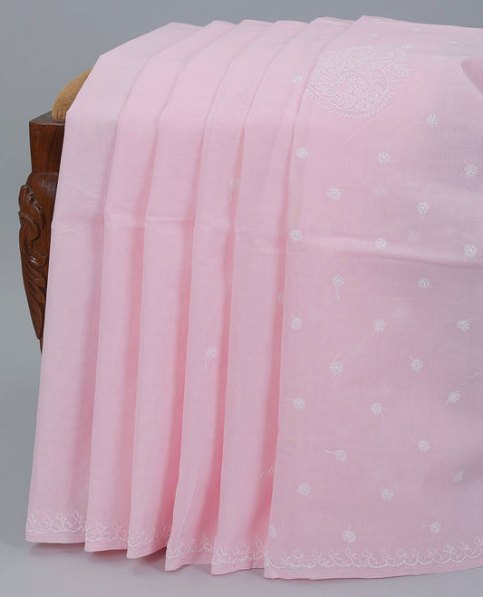 Baby pink flower embroidery lucknowi chikankari cotton saree,self-border & pallu of floral embroidery