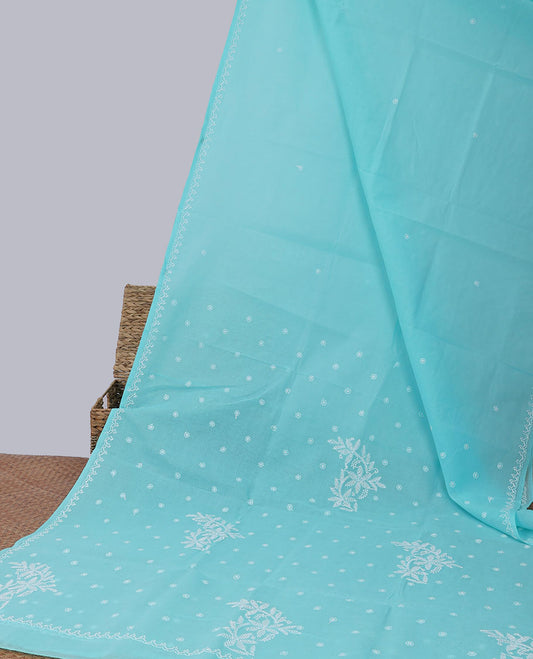 Blue flower embroidery lucknowi chikankari cotton saree,self-border & pallu of floral embroidery