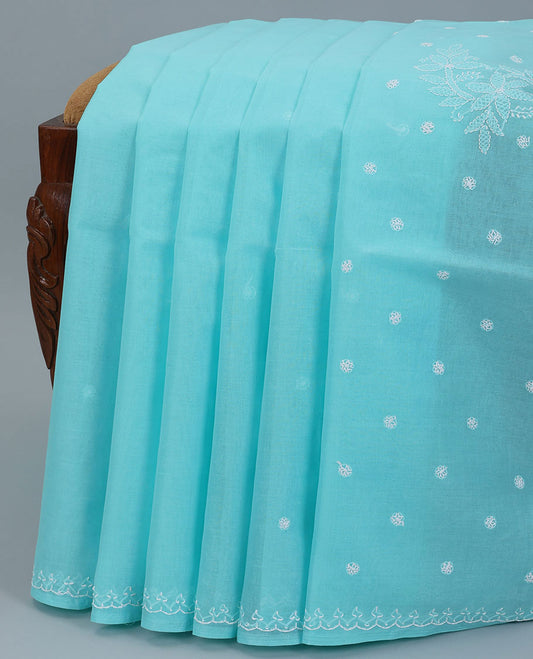 Blue flower embroidery lucknowi chikankari cotton saree,self-border & pallu of floral embroidery