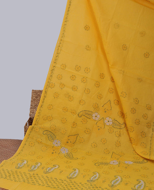 Yellow floral embroidery lucknowi chikankari cotton saree,self-border & floral & paisley embroidered pallu
