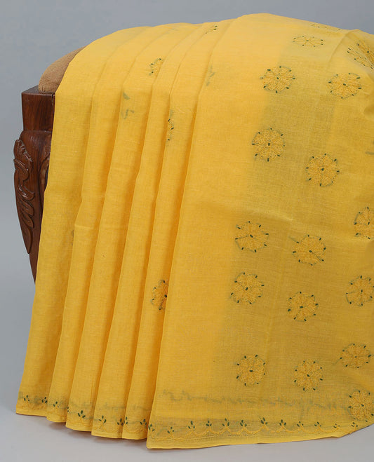 Yellow floral embroidery lucknowi chikankari cotton saree,self-border & floral & paisley embroidered pallu