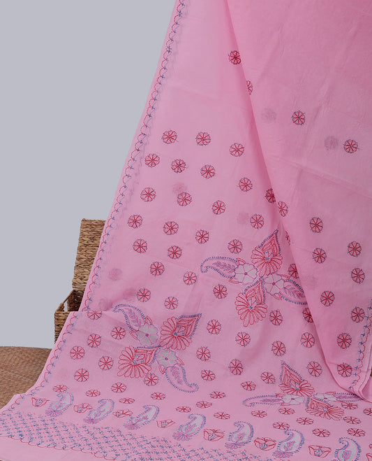 Pink floral embroidery lucknowi chikankari cotton saree,self-border & floral & paisley embroidered pallu