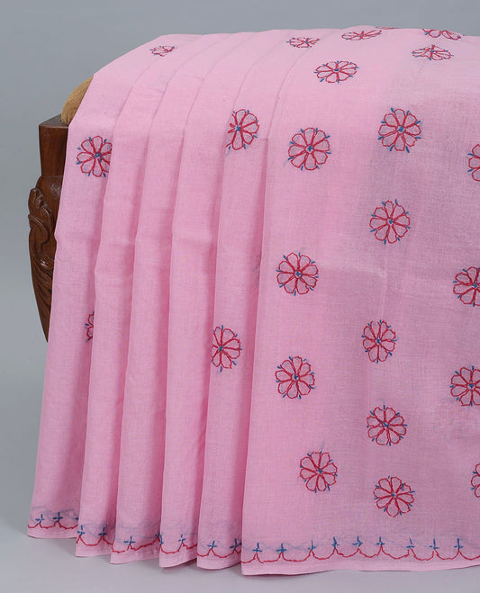 Pink floral embroidery lucknowi chikankari cotton saree,self-border & floral & paisley embroidered pallu