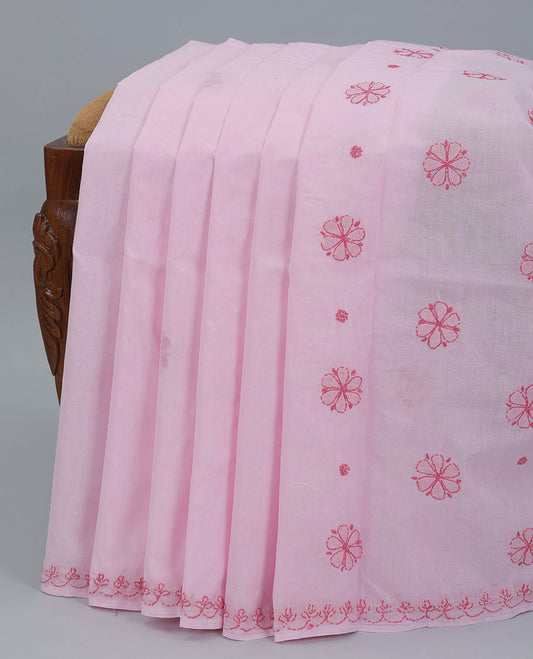 Baby pink floral embroidery lucknowi chikankari cotton saree,self-border & floral embroidered pallu