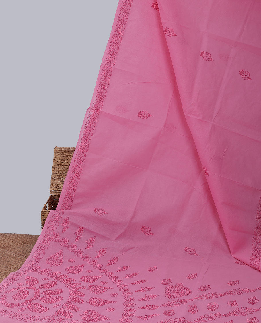 Pink embroidery lucknowi chikankari cotton saree, floral embroidery border & intricately embroidered pallu