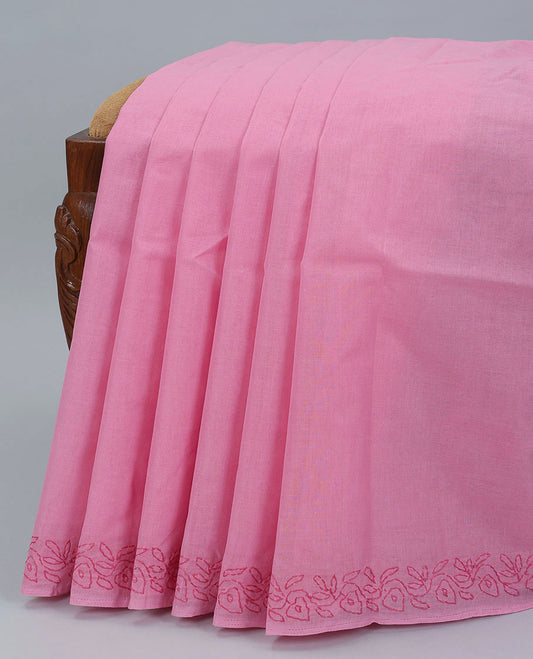 Pink embroidery lucknowi chikankari cotton saree, floral embroidery border & intricately embroidered pallu