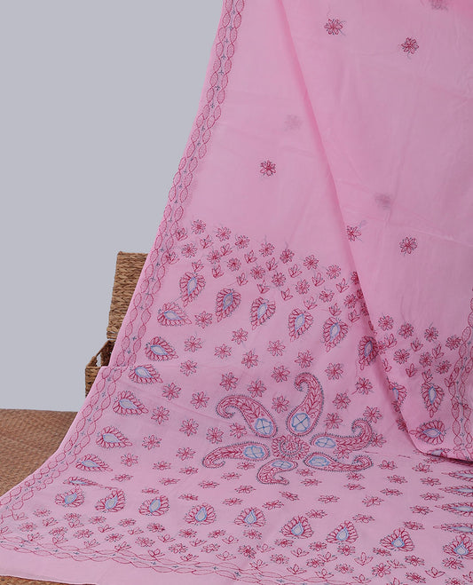 Pink floral embroidery lucknowi chikankari cotton saree,self-border & pallu of floral & paisley embroidery