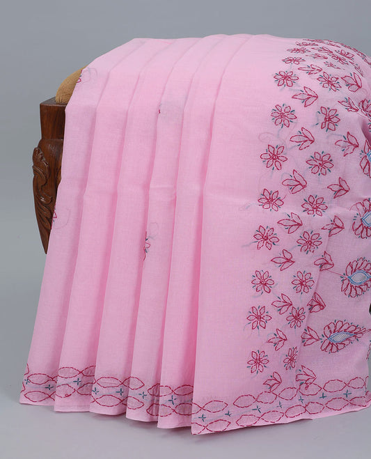 Pink floral embroidery lucknowi chikankari cotton saree,self-border & pallu of floral & paisley embroidery